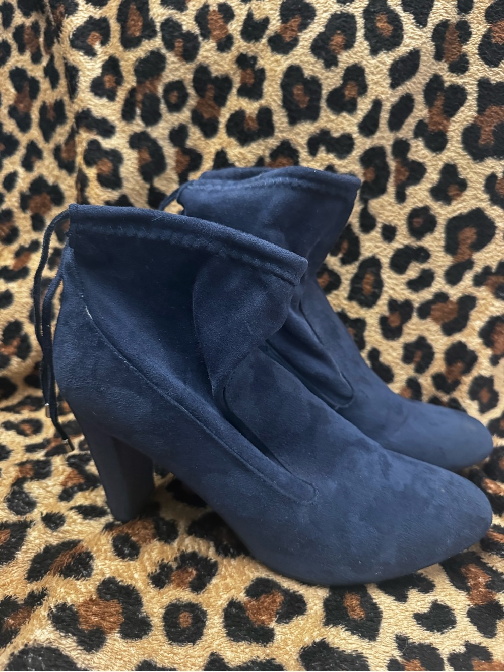 Women's Navy Faux Suede Ankle Booties - Block Heel